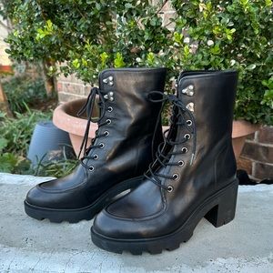 JCREW NWOT women’s black Leather Lace-up ankle-heel Moto combat boots size 8.5